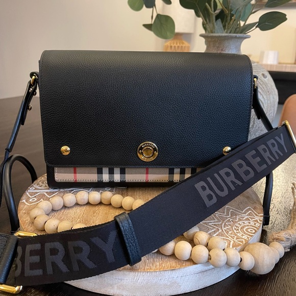 Burberry Archive Black Calf Leather & Check Note Adjustable Crossbody - Picture 4 of 16